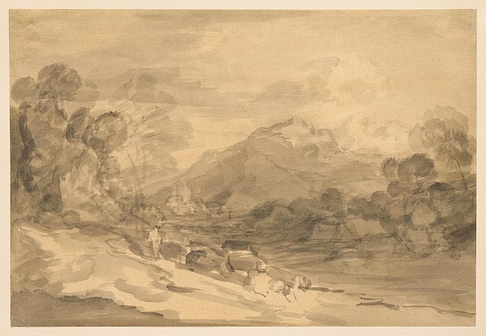 Rocky Wooded Landscape with Herdsman Driving Cattle along a Valley and Distant Mountains