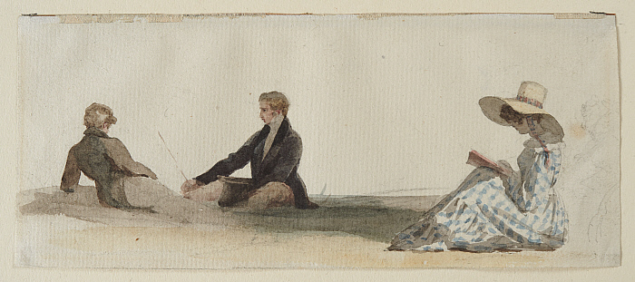 Two Men Relaxing, Woman Sketching