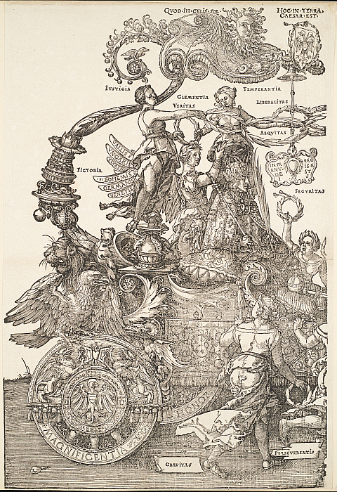Triumphal Chariot of Maximilian I (sheet 1): Hoc in terra Caesar est. Emperor Crowned by Victoria (left half of Chariot)