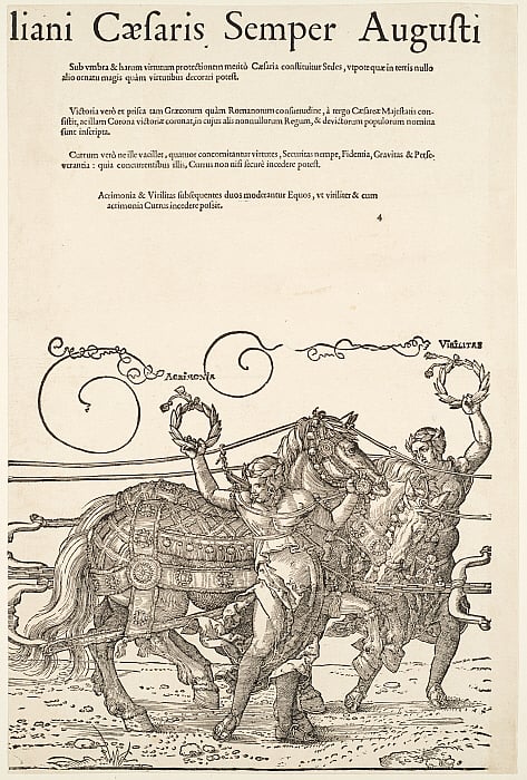 Triumphal Chariot of Maximilian I (sheet 6): ...liani Caesaris Semper Augusti. Acrimonia and Virilitas