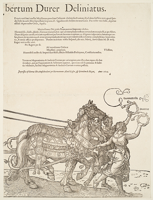 Triumphal Chariot of Maximilian I (sheet 8): [per Al]bertum Durer Deliniatus: Experientia and Solertia