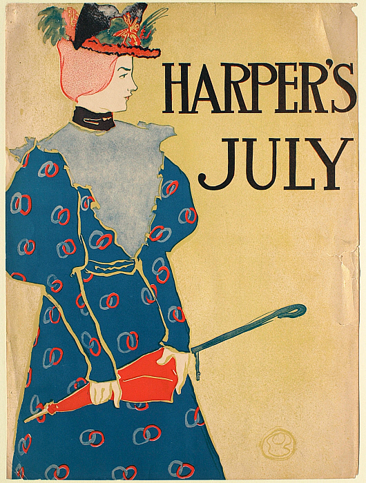 Young Woman in Blue Gown with a Red Umbrella, July Harper's