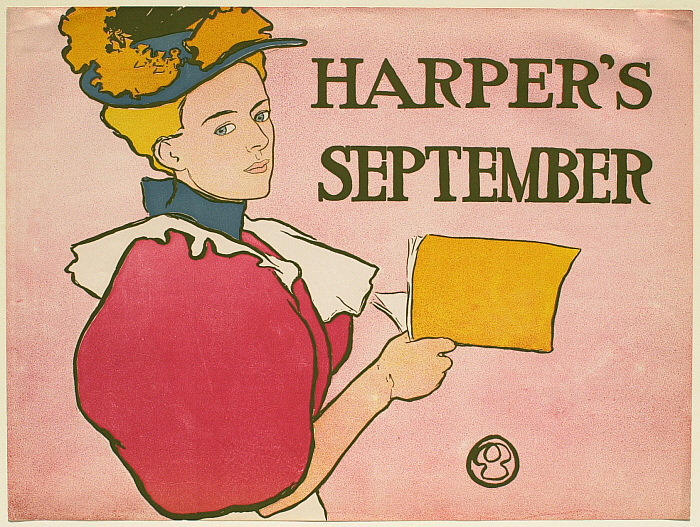 Young Woman in Deep Pink Dress Holding an Issue of Harper's Magazine, September Harper's