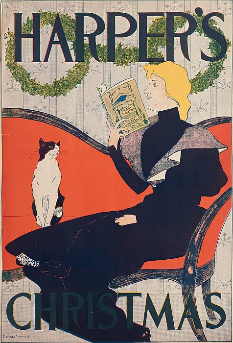 Woman on a Red Sofa Reading, Christmas Harper's