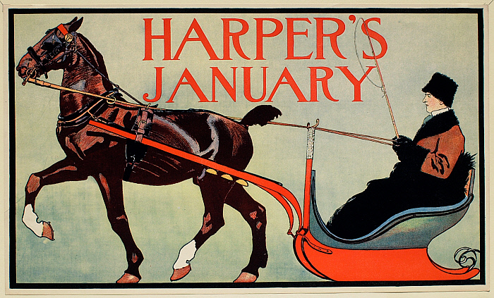 Man in Horsedrawn Sleigh, January Harper's