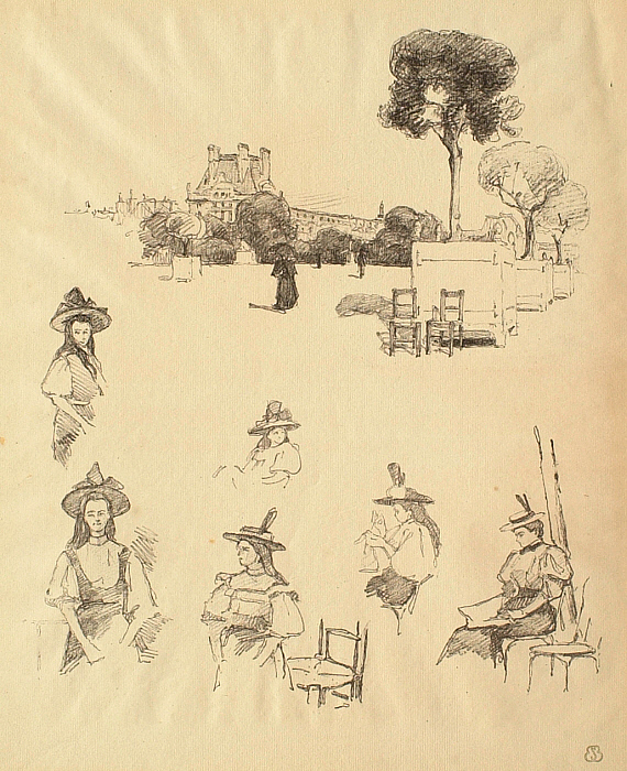 Sheet of Studies with View of the Louvre