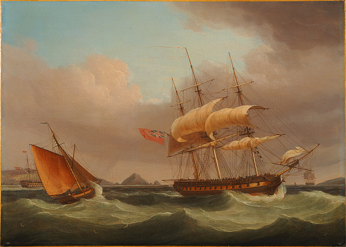 Three British Men-o'-War and Two Fishing Boats in Breeze Off-Shore