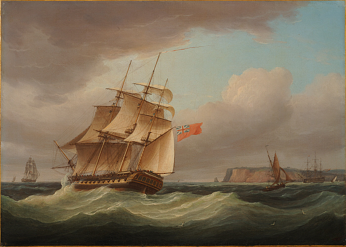 Three British Men-o'-War and Four Fishing Boats in Breeze Off-Shore