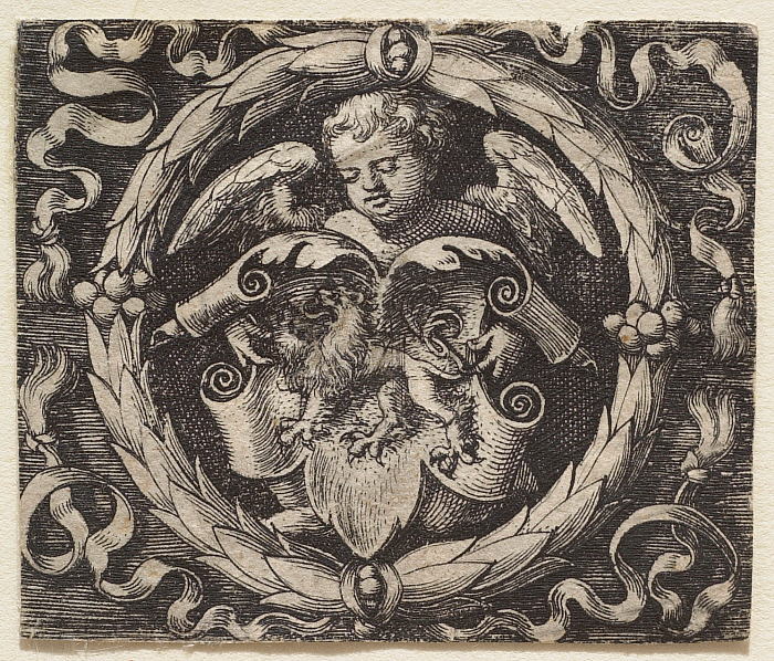 Decorative Design: Cupid and Scrolls with Rampant Lion in Wreath