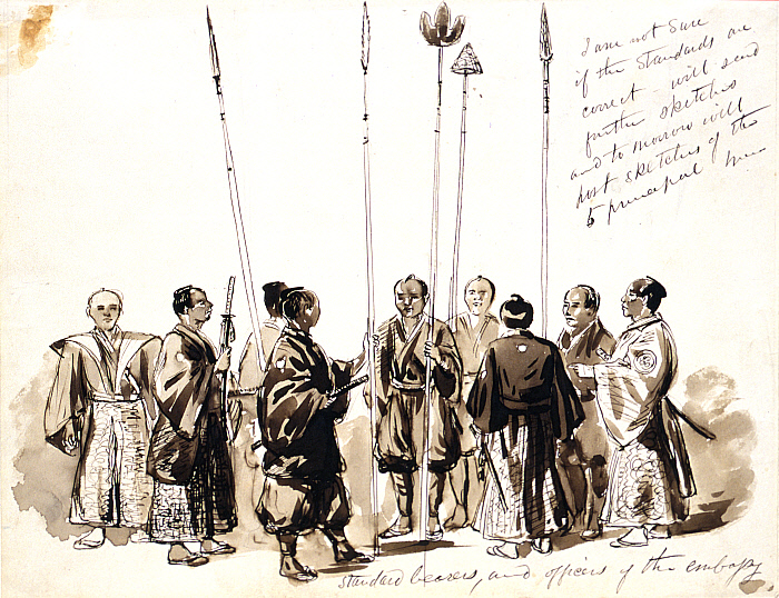 Japanese Standard Bearers; verso: Sketch of Japanese Samurai, Women in Western Attire