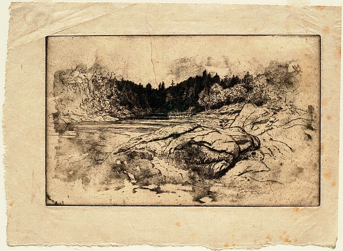 Inlet with Bald Rocks Foreground Right, Dock in the Distance, First Version