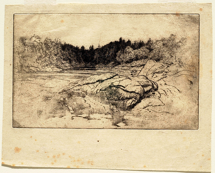 Inlet with Bald Rocks Foreground Right, Dock in the Distance, First Version