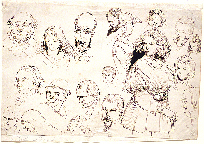 Sketch Sheet: 18 different studies of faces and a young woman in theatrical costume