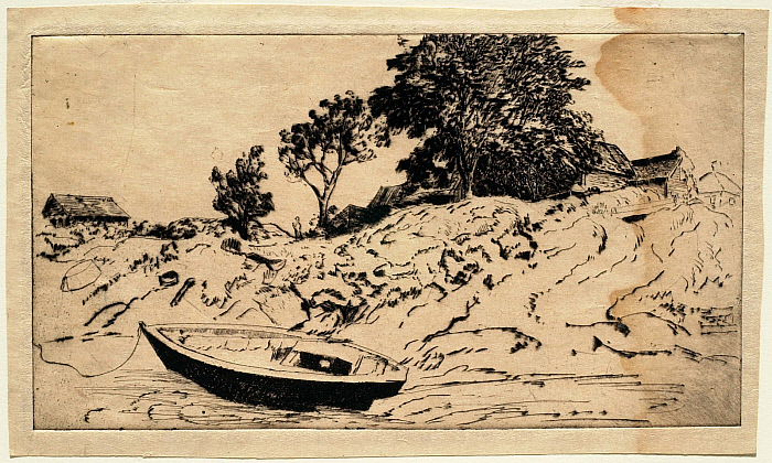 Several Buildings Atop the Hill, a Boat Tied up Foreground Left