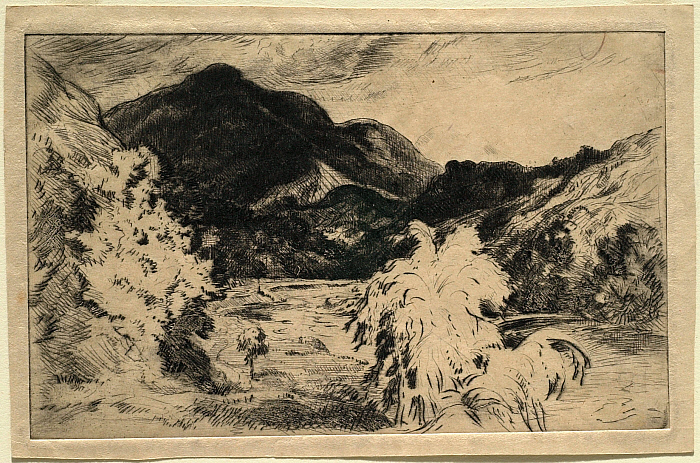 River Landscape with a Tree Foreground Right and a Mountain Rearground Left