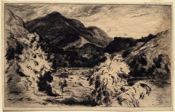 River Landscape with a Tree Foreground Right and a Mountain Rearground Left