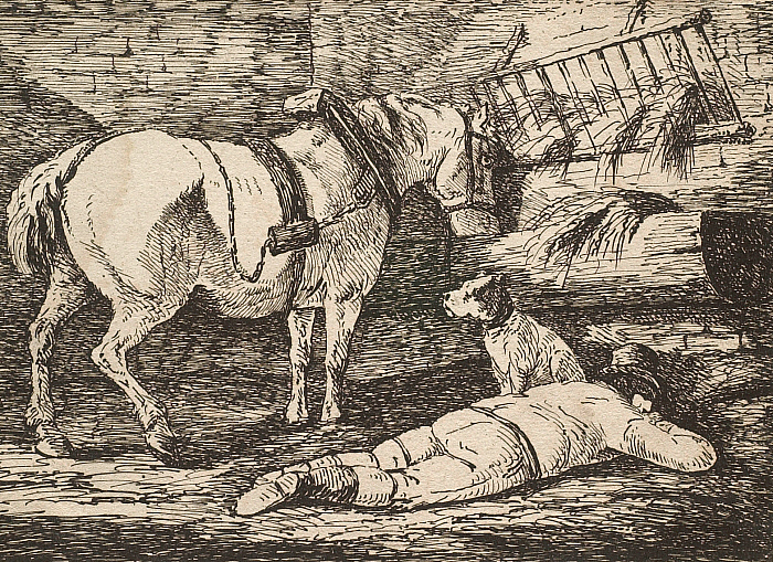 A Horse in the Stable, a Man on the Ground, and a Dog Nearby