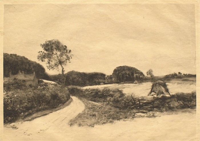 A Road Overlooking a Field with Mounds of Hay