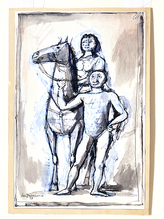 Man Holding Horse with Woman Riding