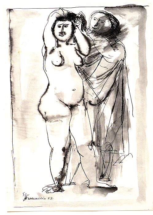 Nude Woman Fixing Hair with Draped Figure in Background