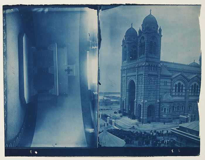 Inner Altar and Exterior View of Cathedral with Congregation Preparing to Enter