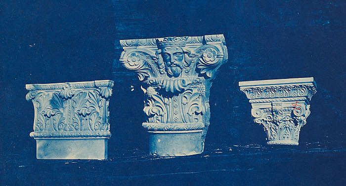 Detail of Sample Stone Column Heads with Organic Patterns and Face of Christ Slider Image 1