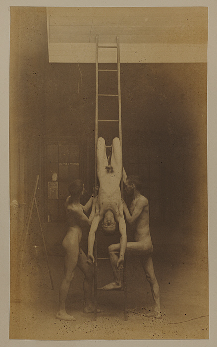 Three Male Nudes, One Hanging from Ladder, from The Grafly Album