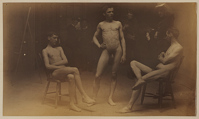 Three Male Nudes: Two Seated, One Standing with Spectators in Background, from The Grafly Album