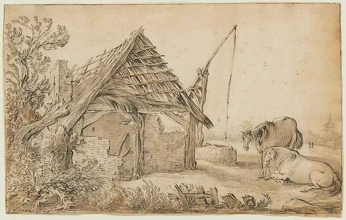Two Horses by a Ruined Cottage with a Well