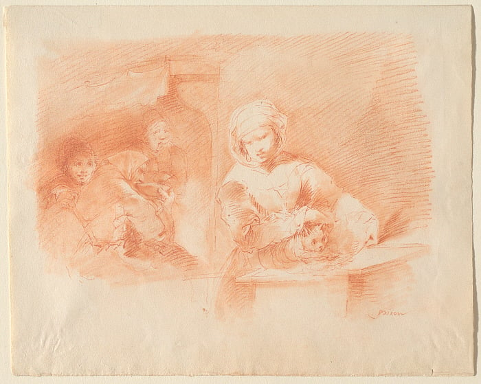 Domestic Scene with Peasants and a Cat