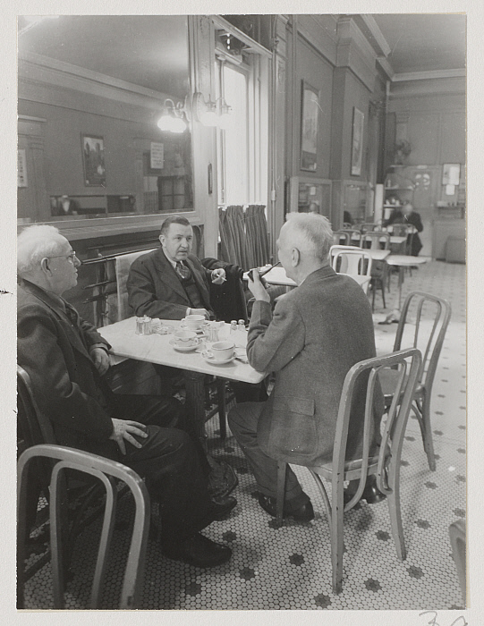 Three men meet for coffee, Lafayette Hotel, New York
