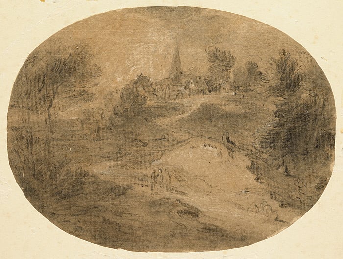 A Wooded Landscape with a Village on a Hilltop and Figures on a Lane in Front