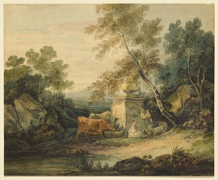 Rocky Landscape with Herdsman Conversing with a Girl, Goats, Cows Drinking at a Fountain and Distant Hills