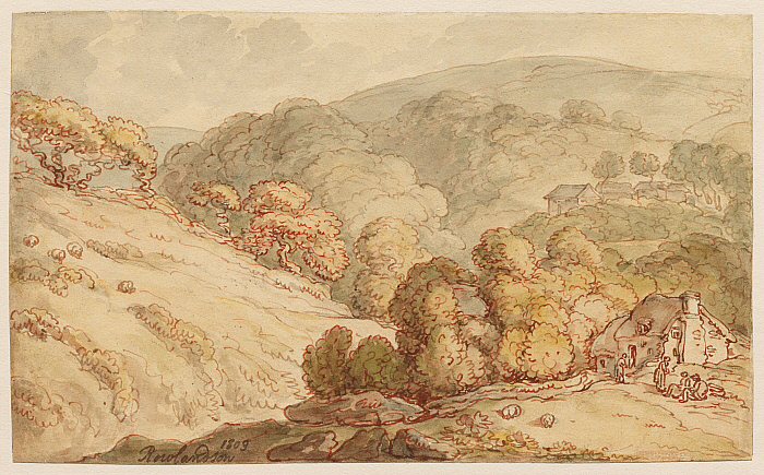 Wooded Hilly Landscape with Cottage and Figures