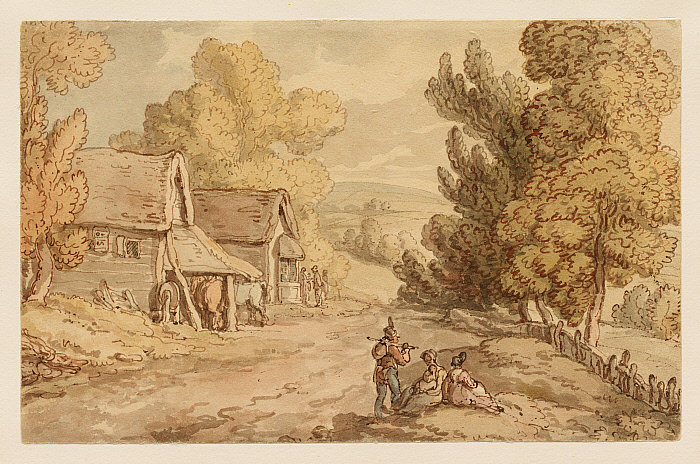 Cottage and Barn with Figures Resting by the Side of a Country Road