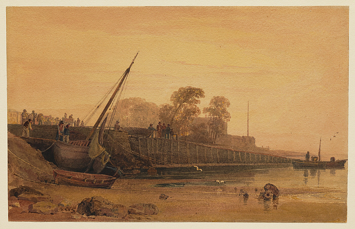 Figures by a Dock at Low Tide