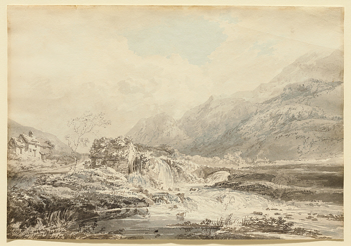 Mountainous Landscape with Overshot Mill and Bridge