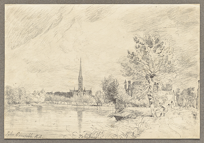 Salisbury Cathedral from the River Avon (recto); Man Pulling a Rope (verso) Slider Image 1