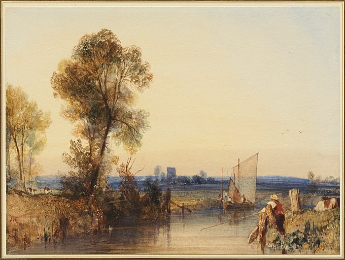 A Fisherman on the Banks of a River, a Church Tower in the Distance