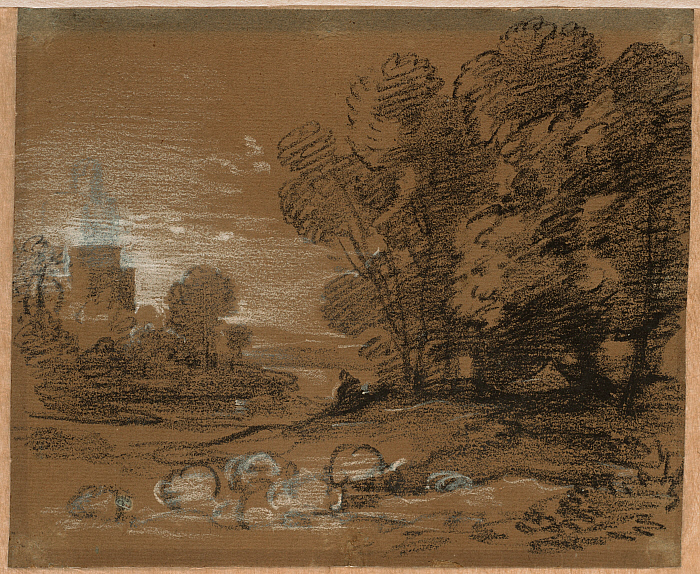 Wooded Landscape with Shepherd and Sheep, Winding River and Tower