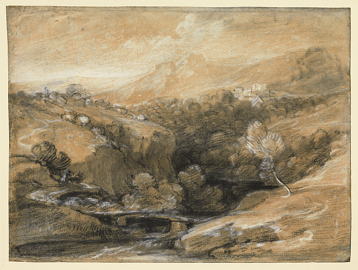 Extensive Wooded Landscape with a Bridge over a Gorge, Distant Village and Hills