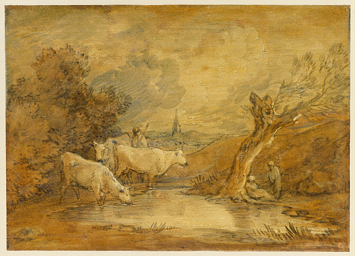 Landscape with Figures, Herdsman and Cattle at a Pool, and Distant Church