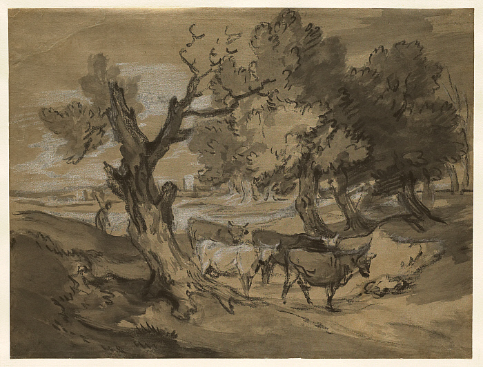 Landscape with Herdsman Driving Cows and Distant Buildings