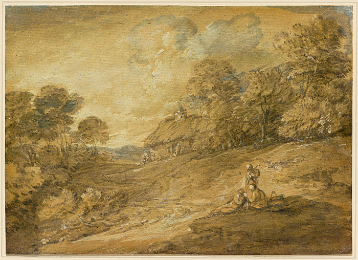 Wooded Landscape with Figures and Winding Track Leading to a Cottage