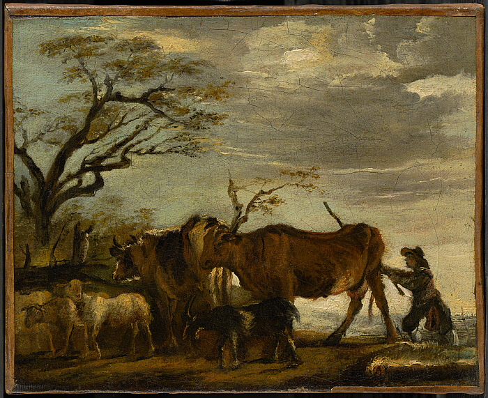 A Peasant Driving Cattle, Sheep and Goats in a Landscape