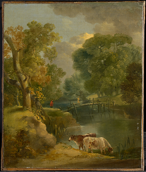 A River Landscape with Two Cows and a Figure on a Bridge