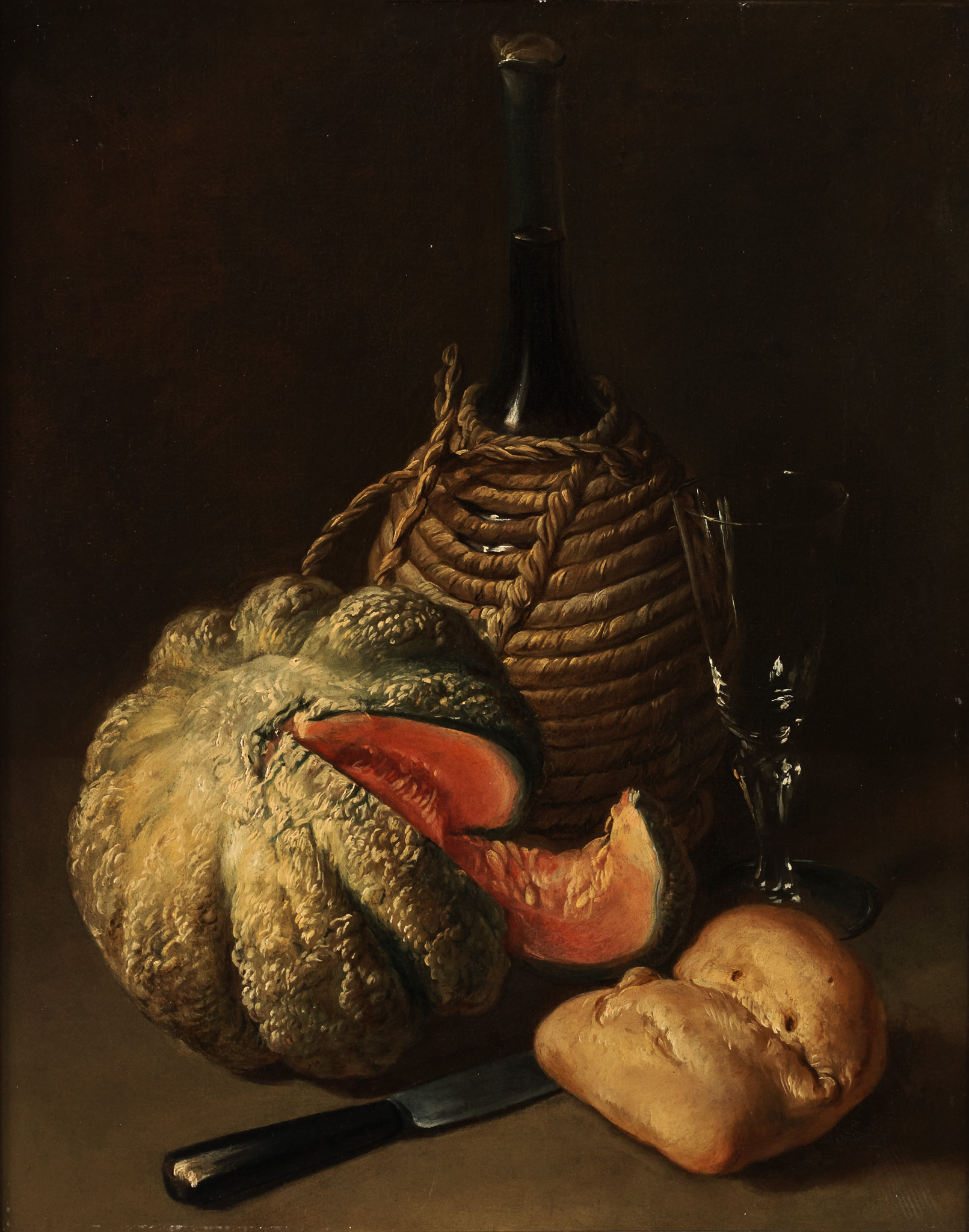 Still Life with a Bottle of Wine, Glass, Melon, Roll and Knife Slider Image 1