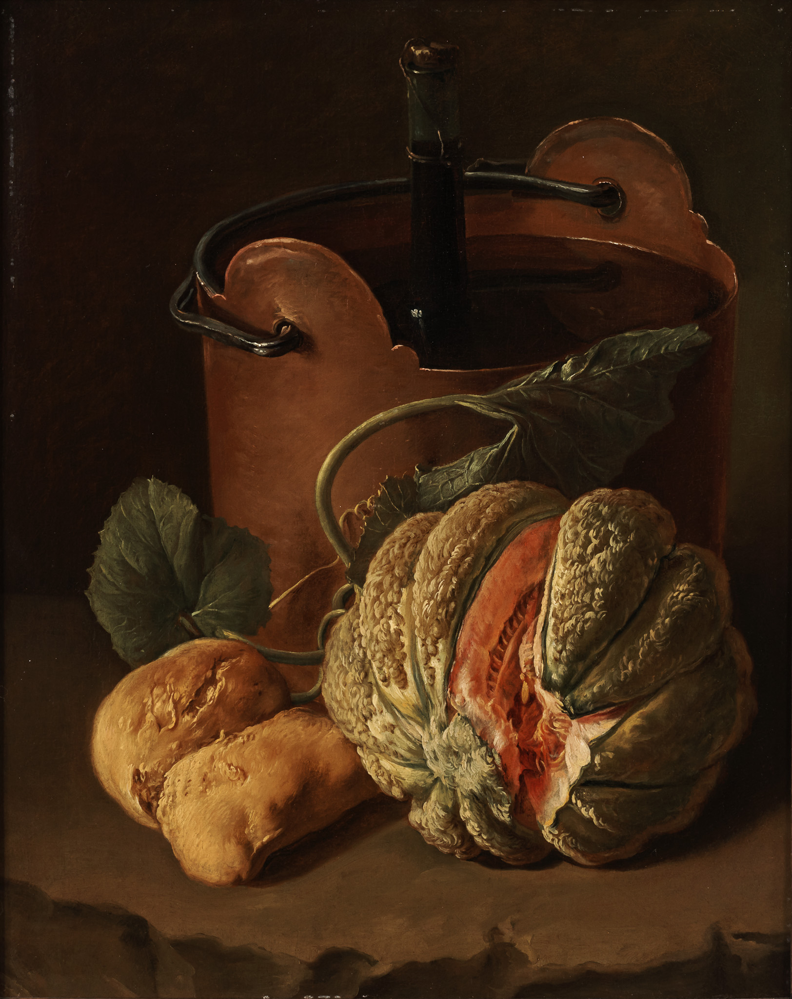 Still Life with a Wine Bottle in a Bucket, Melon and Bread on a Stone Ledge Slider Image 1