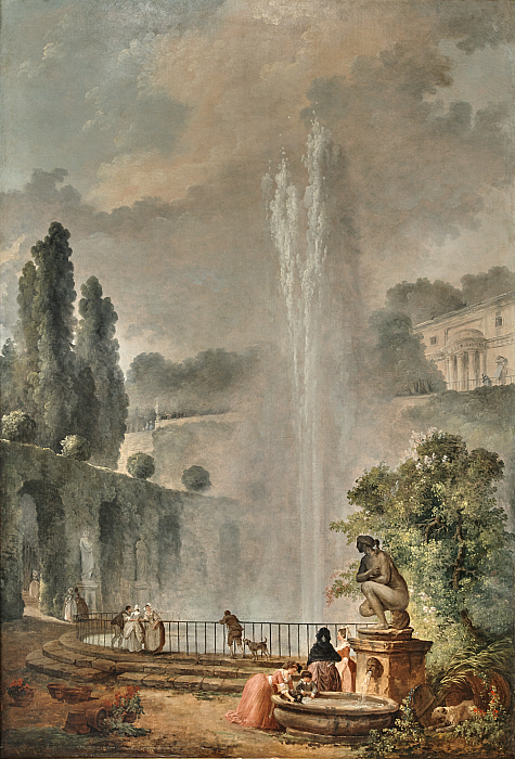 A Garden Landscape with a Villa Overlooking a Large Fountain Slider Image 1