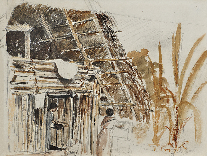 A Hut with Two Women and a Dog, Galipan (recto); Studies of Women and a Man (verso)